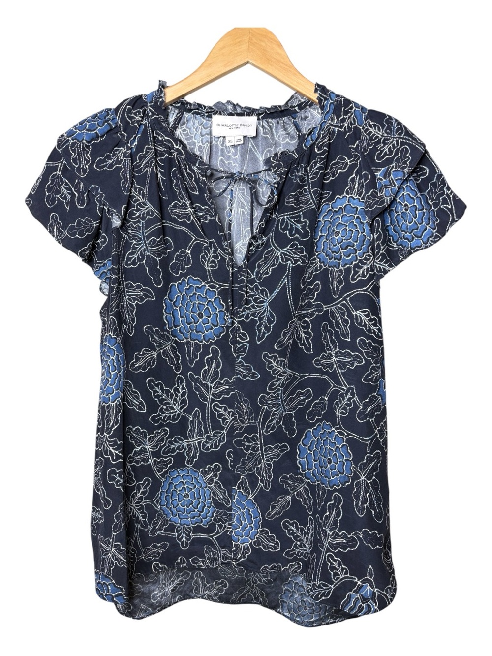 Charlotte Brody Silk Women’s XL Navy Blue Floral Flutter Sleeve Top Luxury Chic